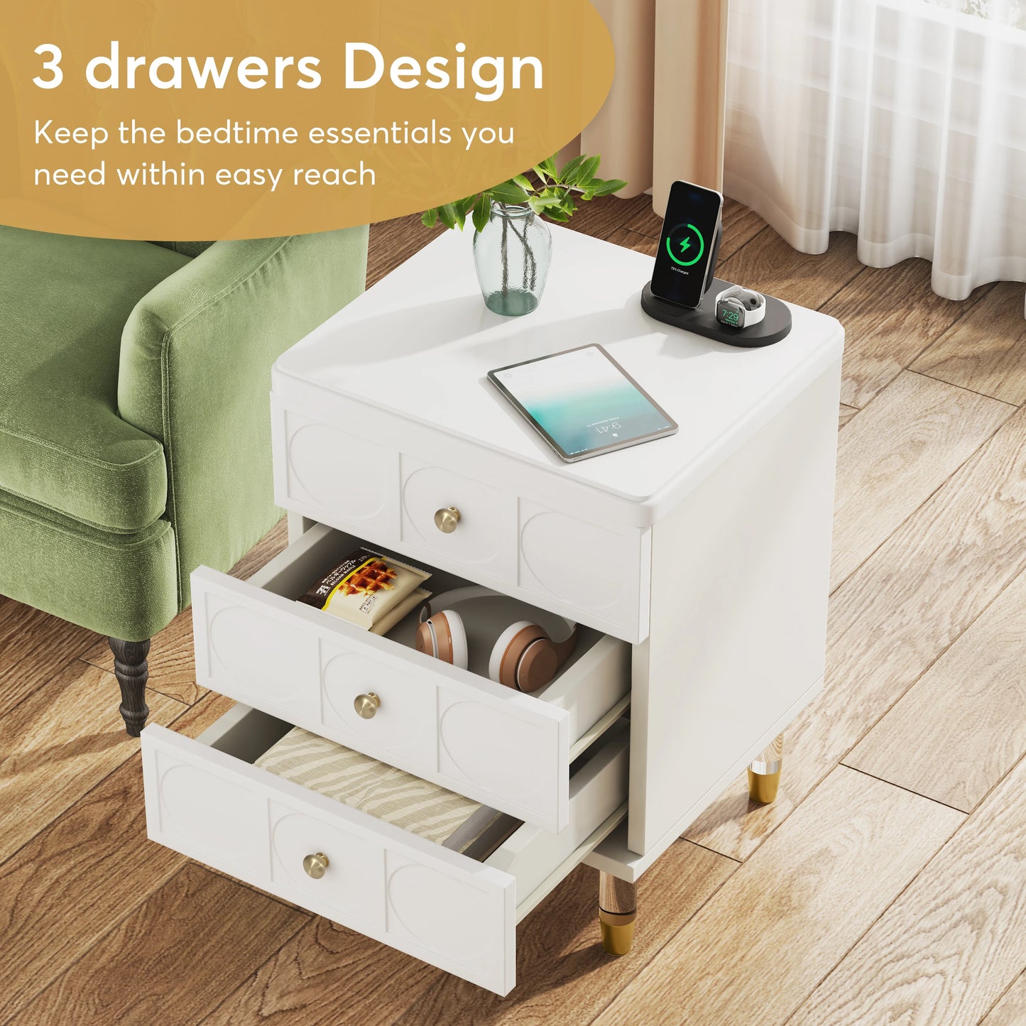 Tribesigns 3 Drawer Nightstand White And Gold Storage