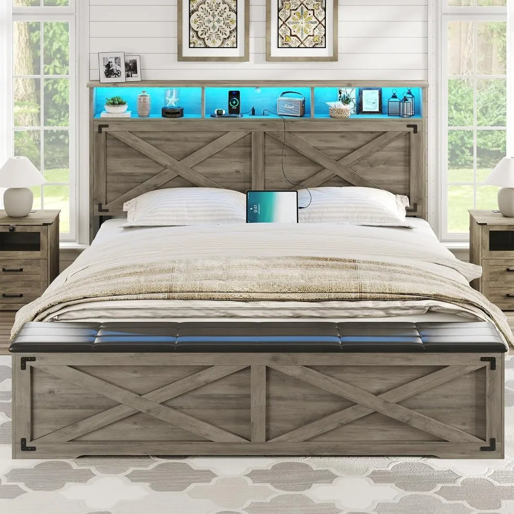 Dictac Farmhouse Bed Frame With Headboard USB Charging