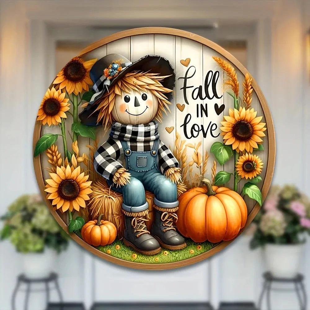 Tin Painting Scarecrow Fall Harvest Sign Round Wreath