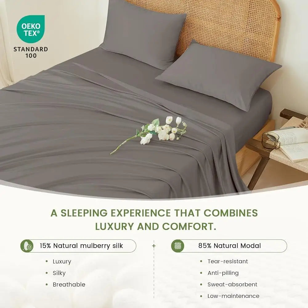 Luxury Mulberry Silk Bed Sheet Set 4 Pieces Deep Pocket