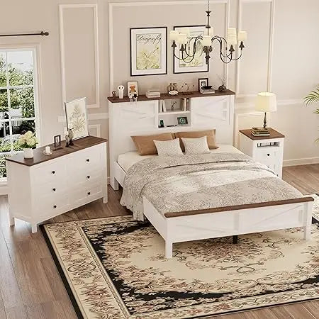 Farmhouse 3 Piece Queen Platform Bed Sliding Door Storage