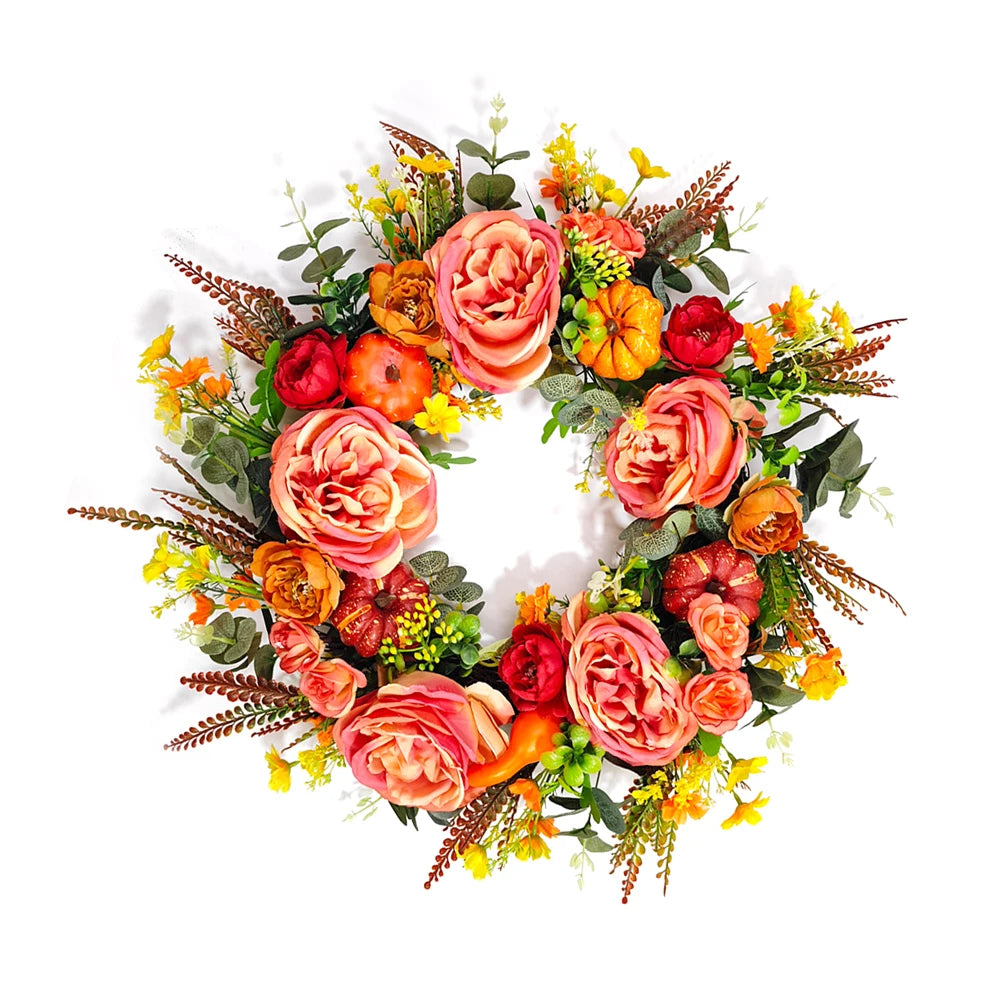 Peony Pumpkin Wreath Decorative Autumn Garland Front Door