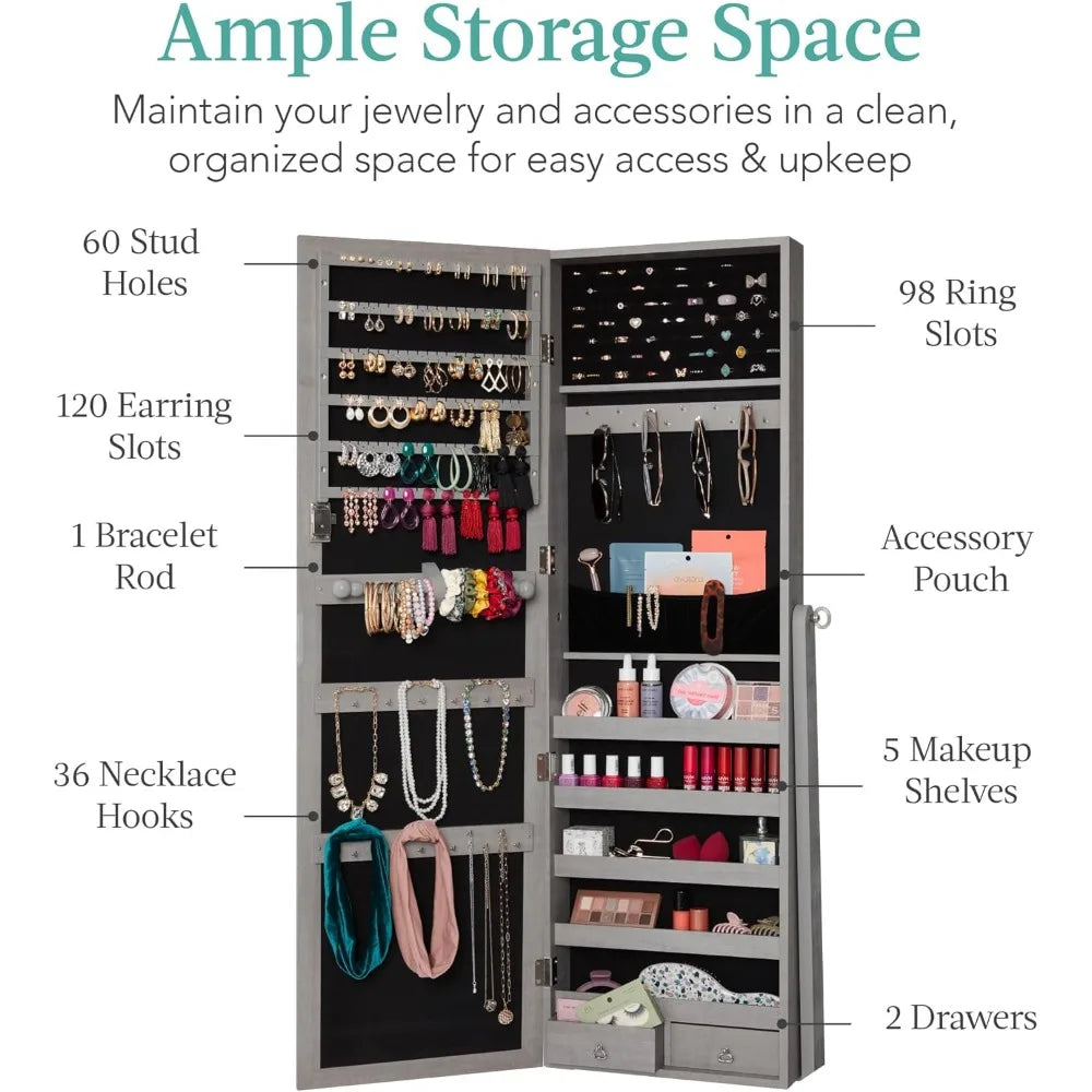 Gray Oak Jewelry Armoire With Full Length Mirror Lockable