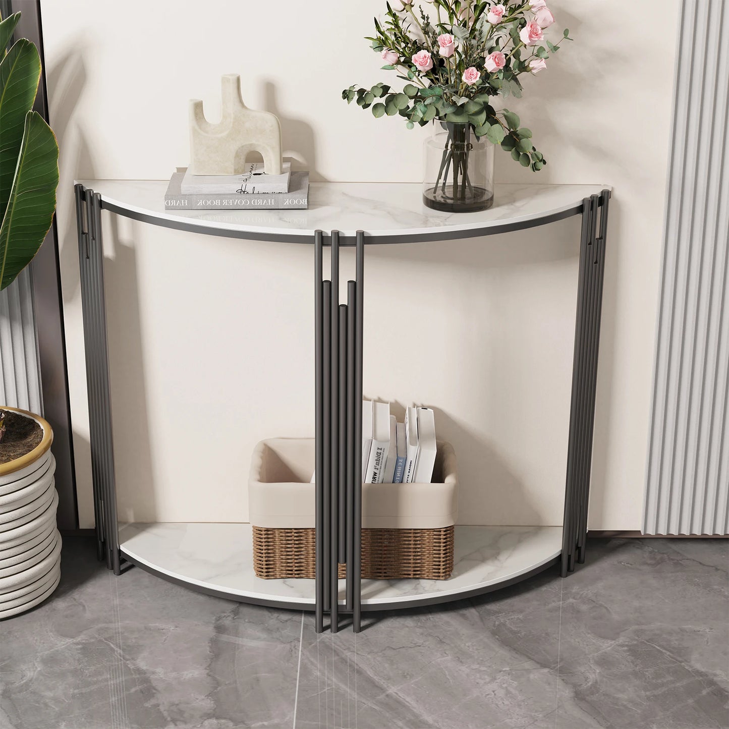 Half Moon Tiered Real Marble Entry Console Table For Hallway