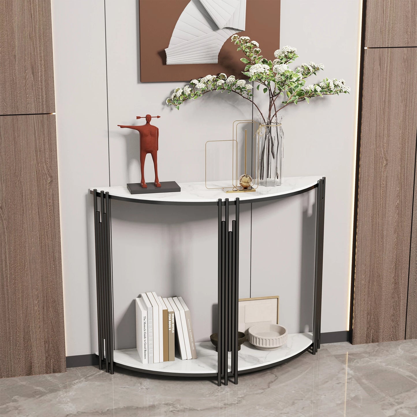 Half Moon Tiered Real Marble Entry Console Table For Hallway