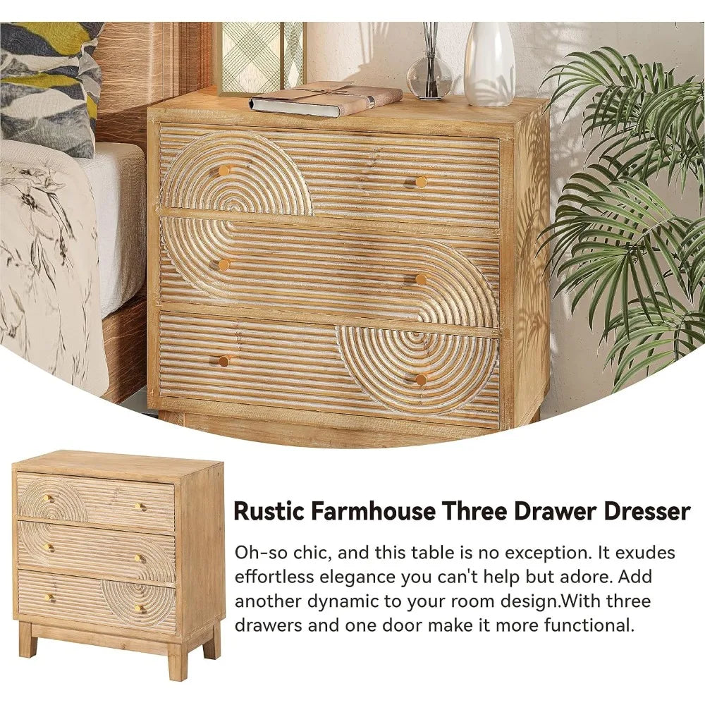 Three Drawer Farmhouse Dresser Handicraft Wood Ring Motif