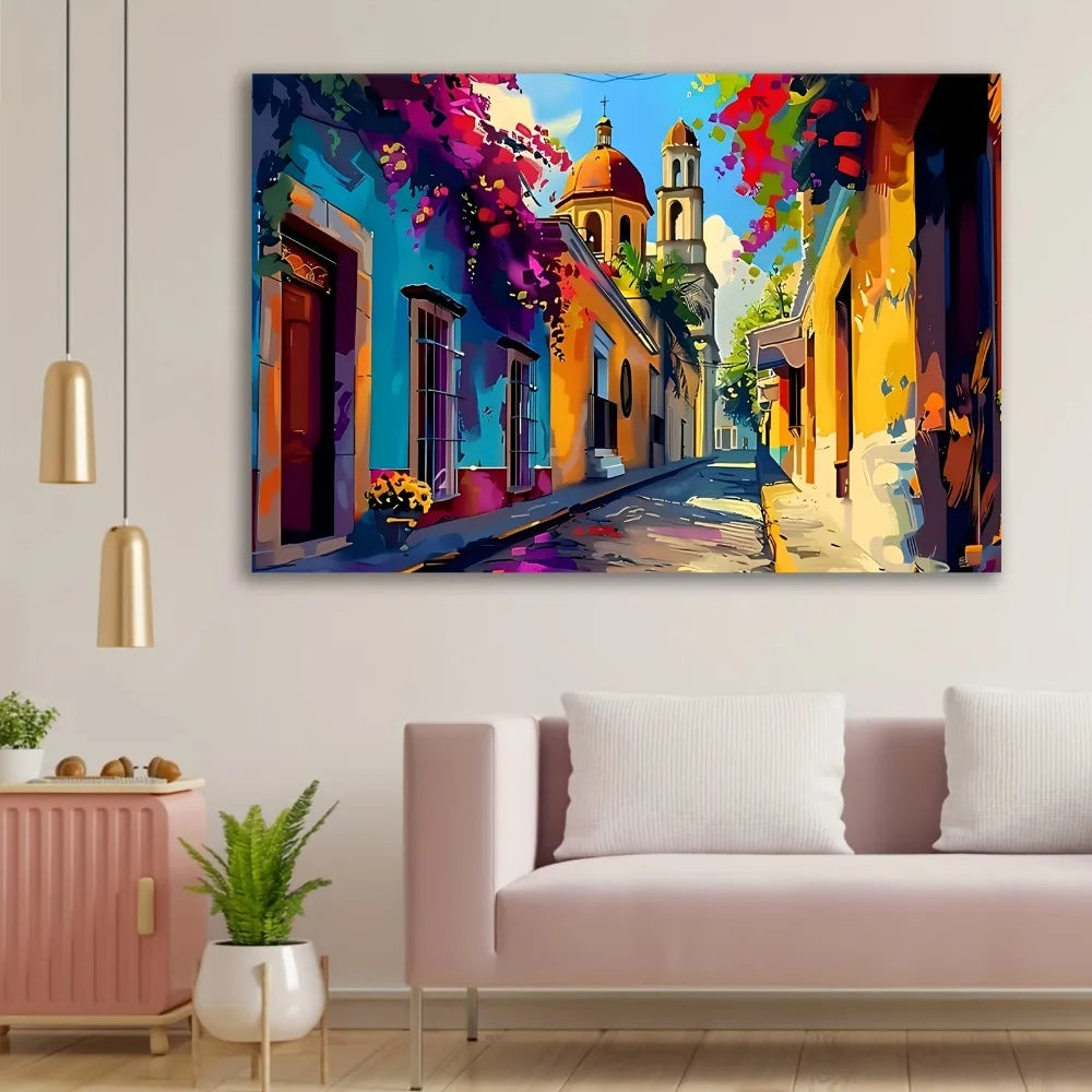 Pine Wood Frame Decorative Art Mexican Village Scene