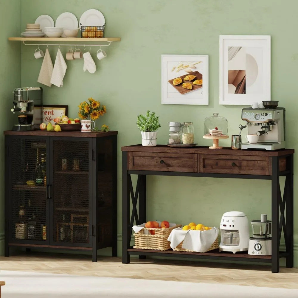 Rustic Oak Console Table With 2 Drawers For Living Room