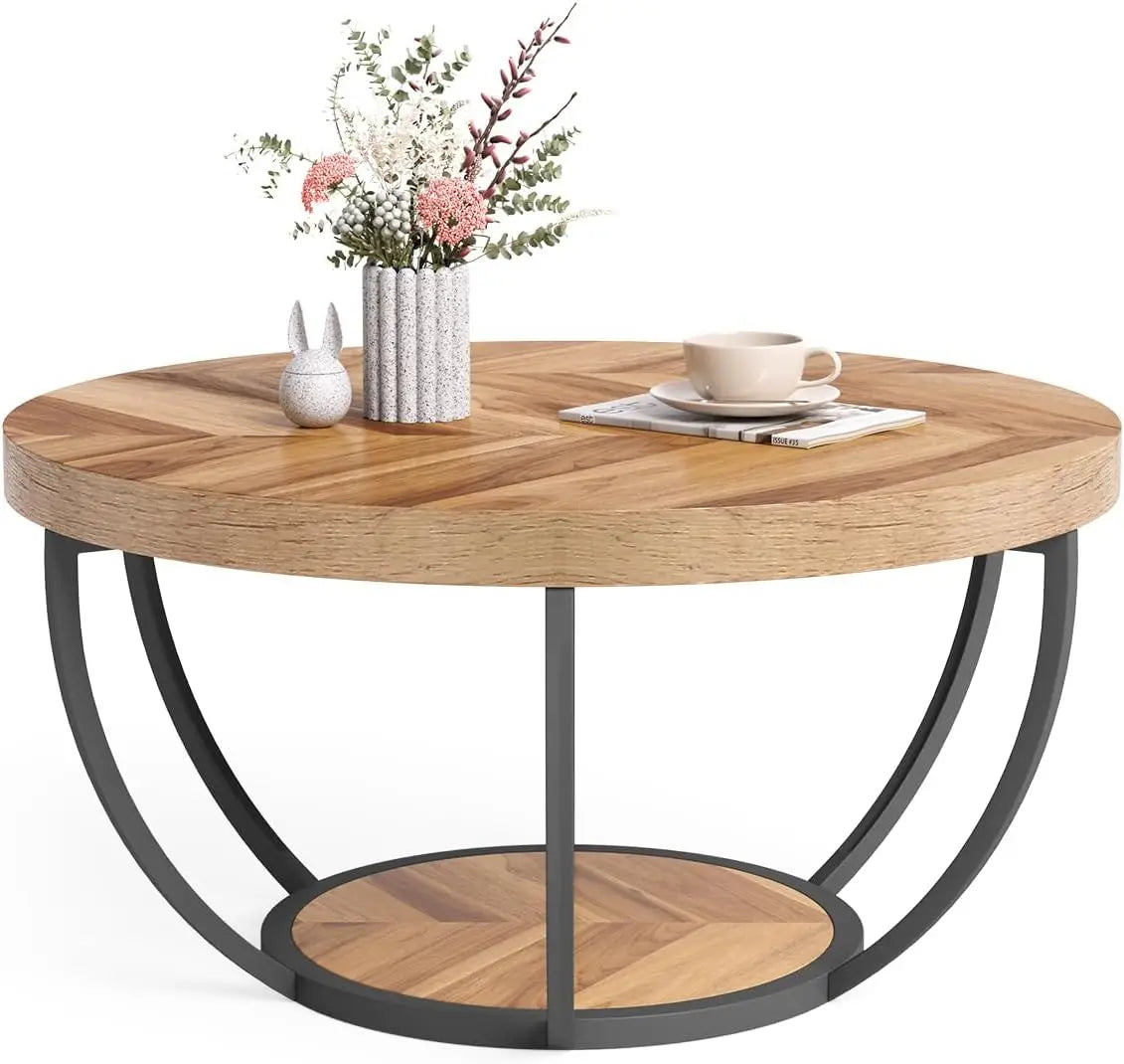 32 Inch Circle Marble Coffee Table Two Tier Gold Metal Legs