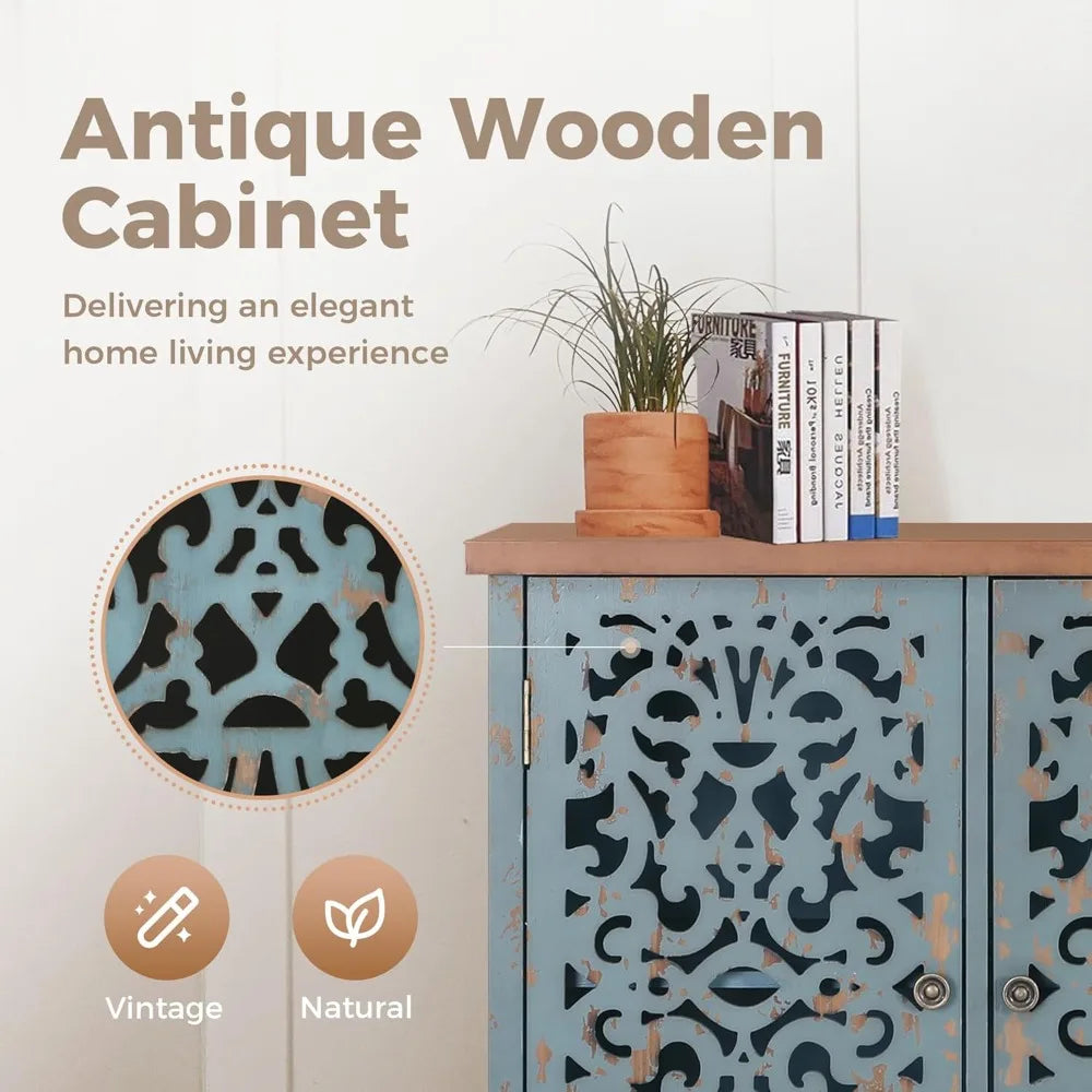Blue Farmhouse Sideboard Buffet Cabinet With 3 Doors