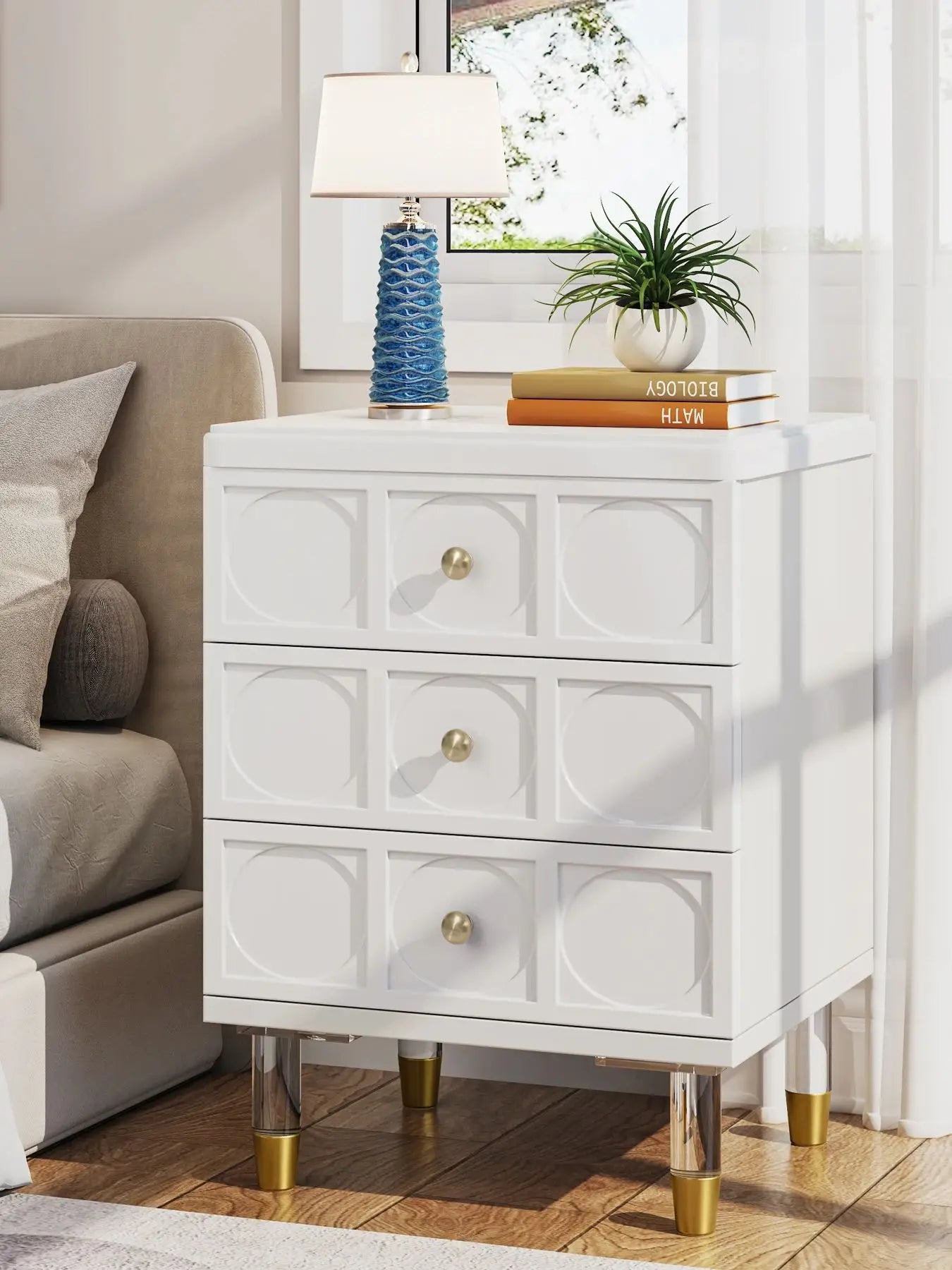 Tribesigns 3 Drawer Nightstand White And Gold Storage