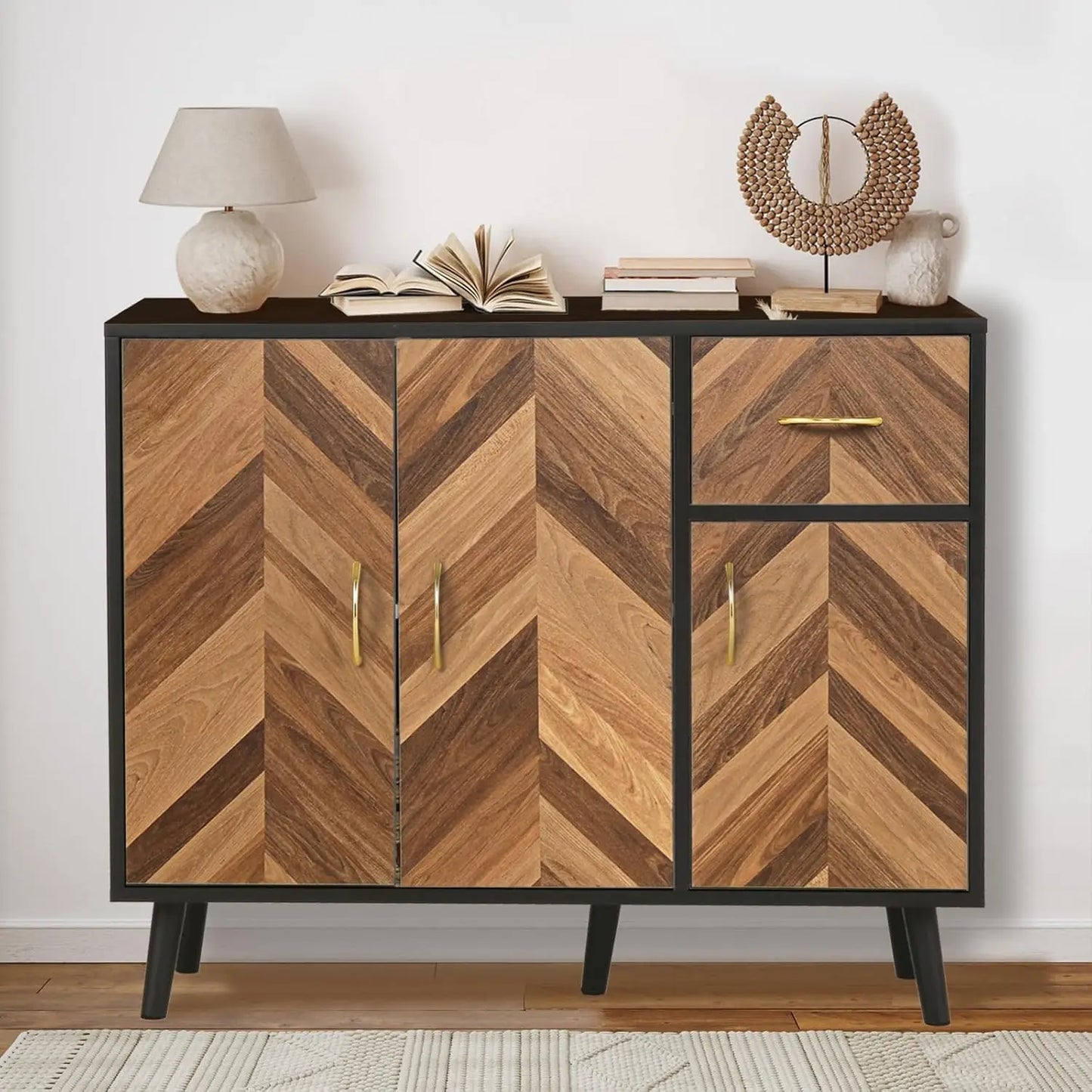 35 Inch Side Panel Buffet Cabinet With 3 Doors And Drawer
