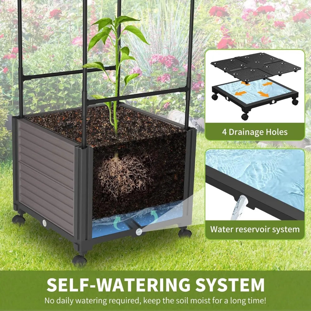 Raised Garden Bed Planter Box with Self-Watering Trellis