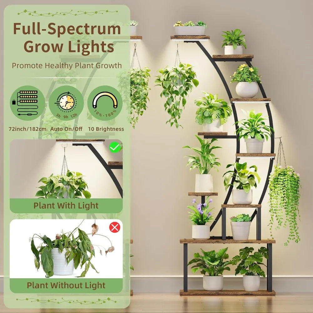 Indoor Plant Stand with Grow Lights and 9 Tiers for Large Plants