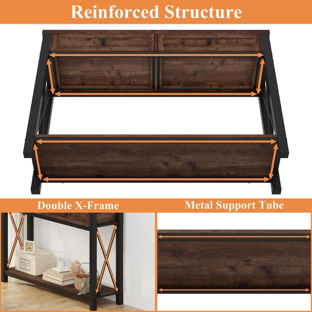 Rustic Oak Console Table With 2 Drawers For Living Room