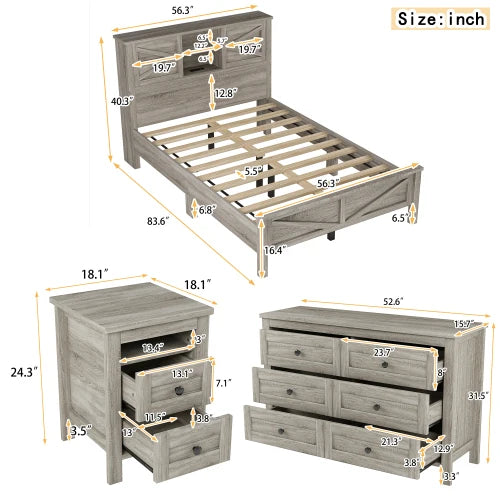 Antique Gray 3-Piece Bedroom Set with Storage Headboard