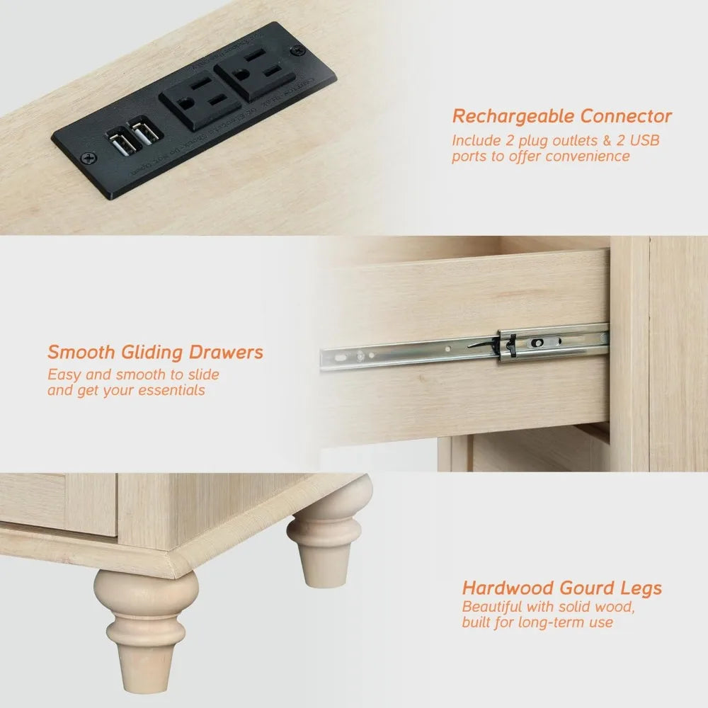 Beige Nightstands Set Of 2 With Charging Station Drawers