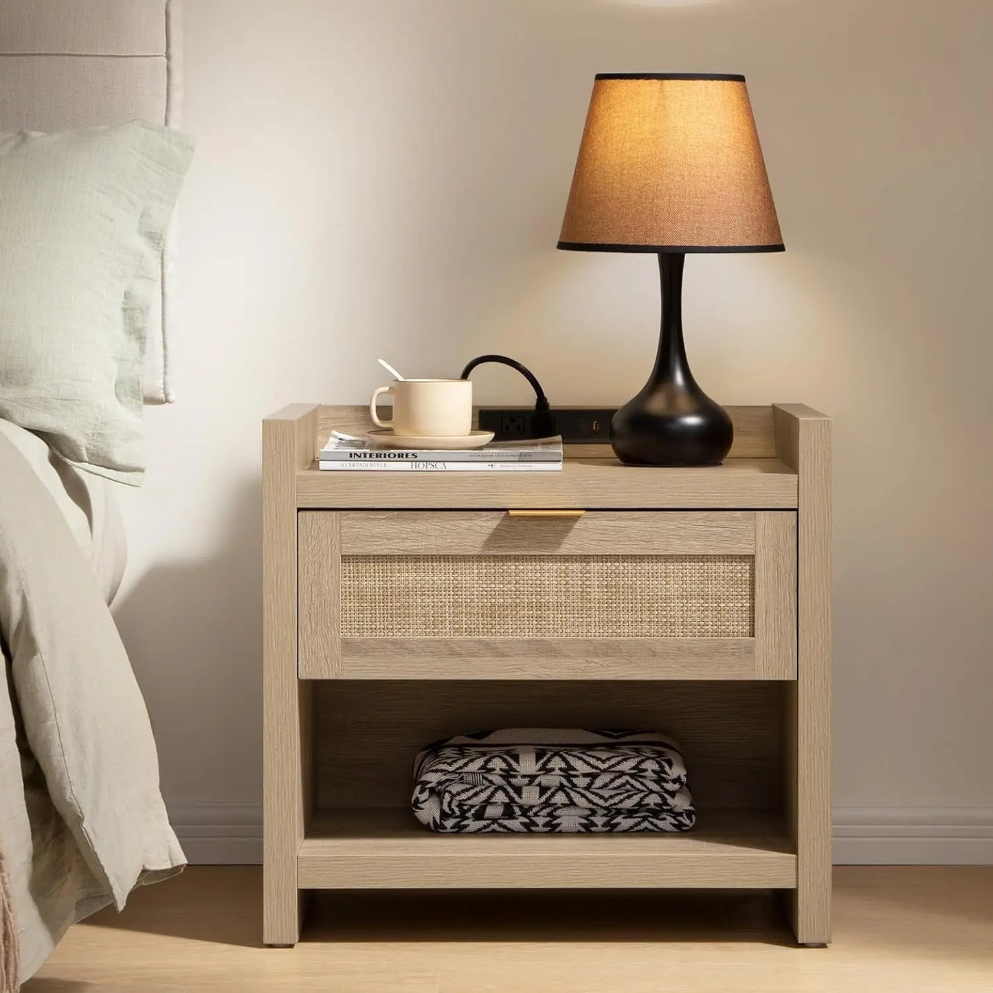 Vine Bedside Table With Type C Charging Station And Drawers