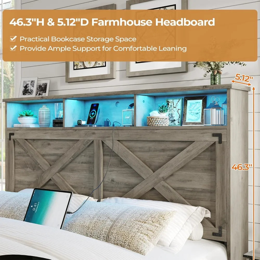 Dictac Farmhouse Bed Frame With Headboard USB Charging