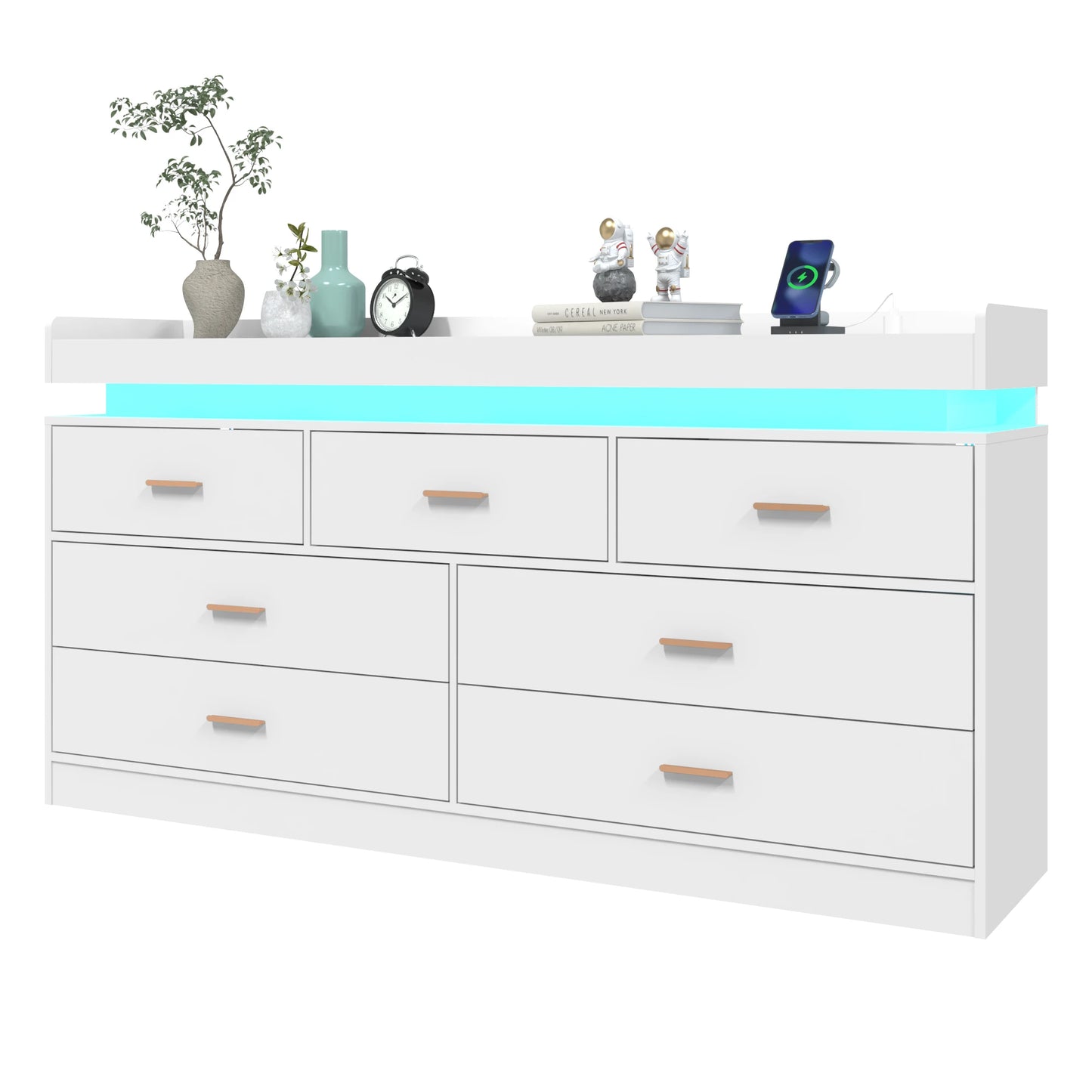 7 Drawer Dresser With LED Light And Charging Station For Bedroom
