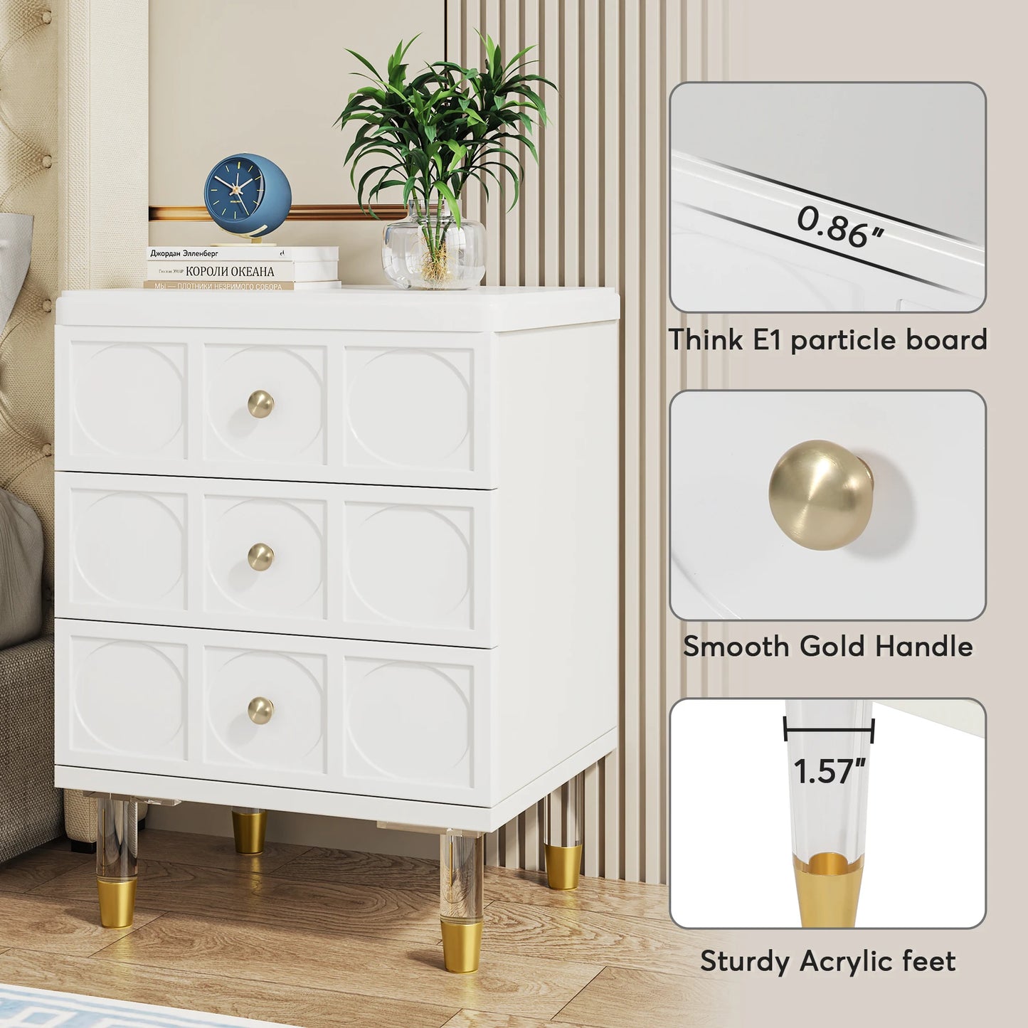 Tribesigns 3 Drawer Nightstand White And Gold Storage