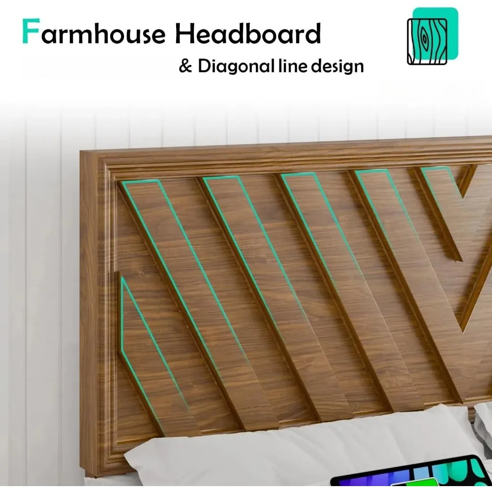 Full Bed With Adjustable Headboard Farmhouse Platform Bed LED Light