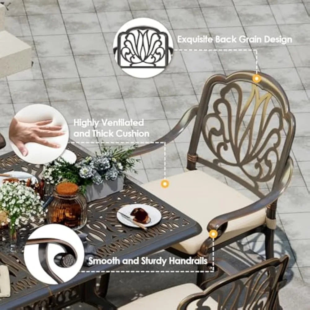 Retro Outdoor Dining Set for 6 with Durable Aluminum Structure
