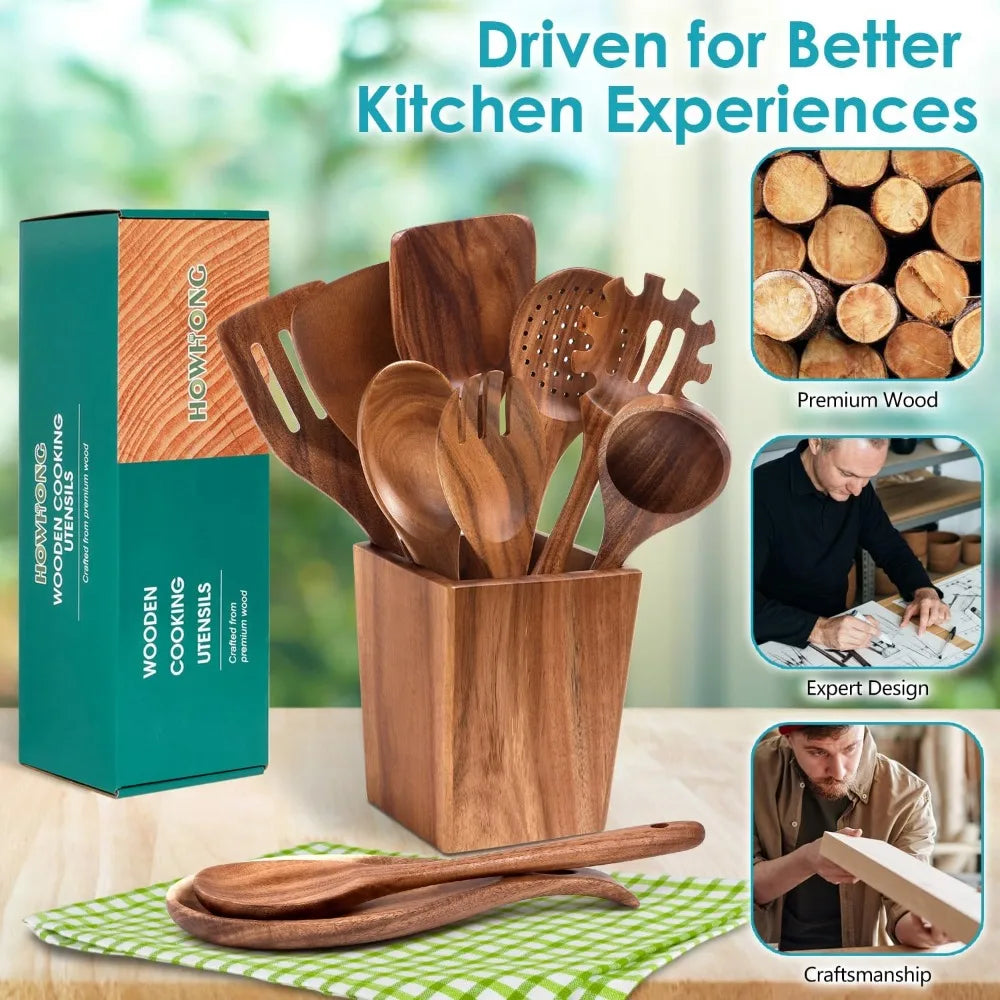 Acacia Wood Utensils Set 11 Piece Tools Holder Spoon Rest