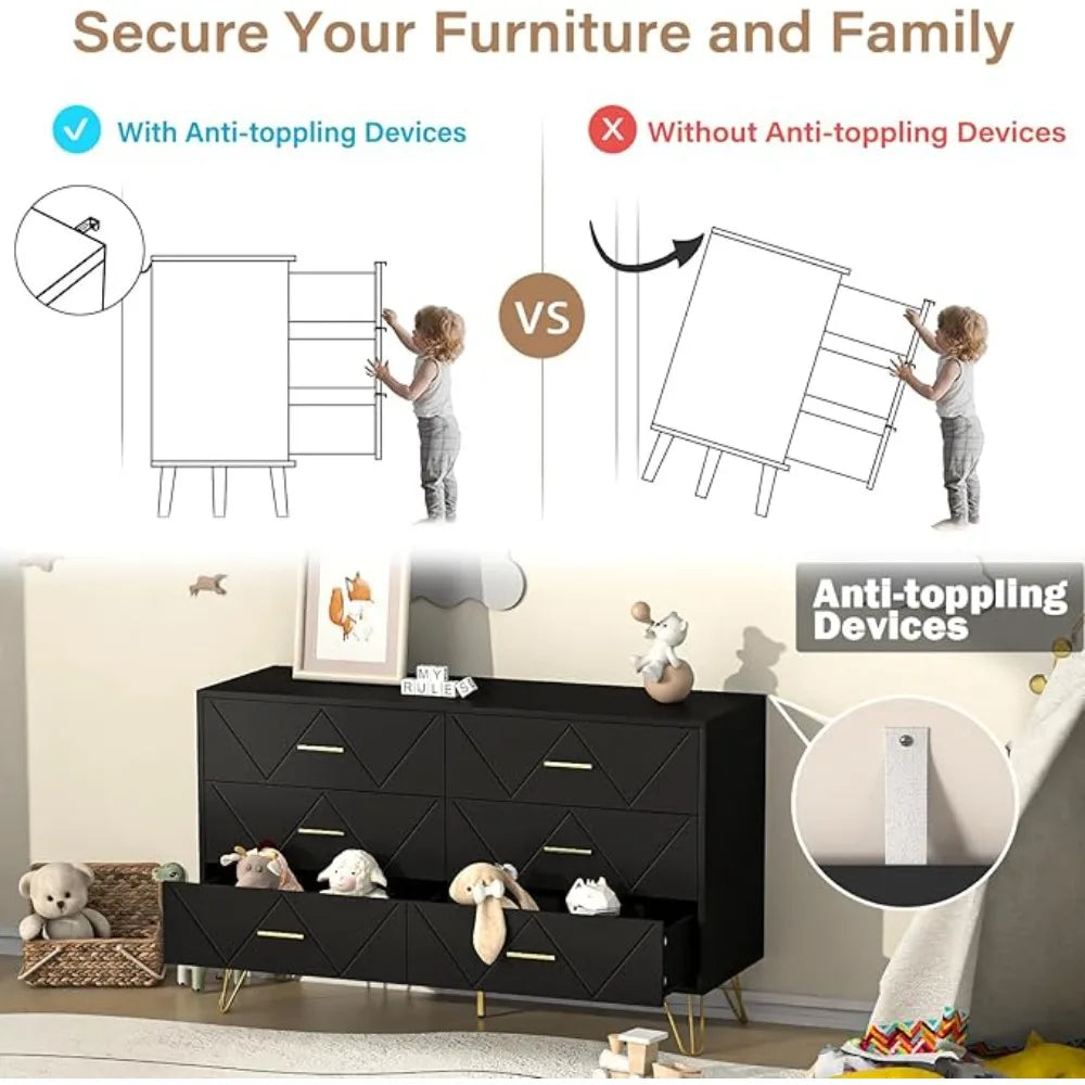 6 Drawer Black Wooden Dressing Table With Gold Handles