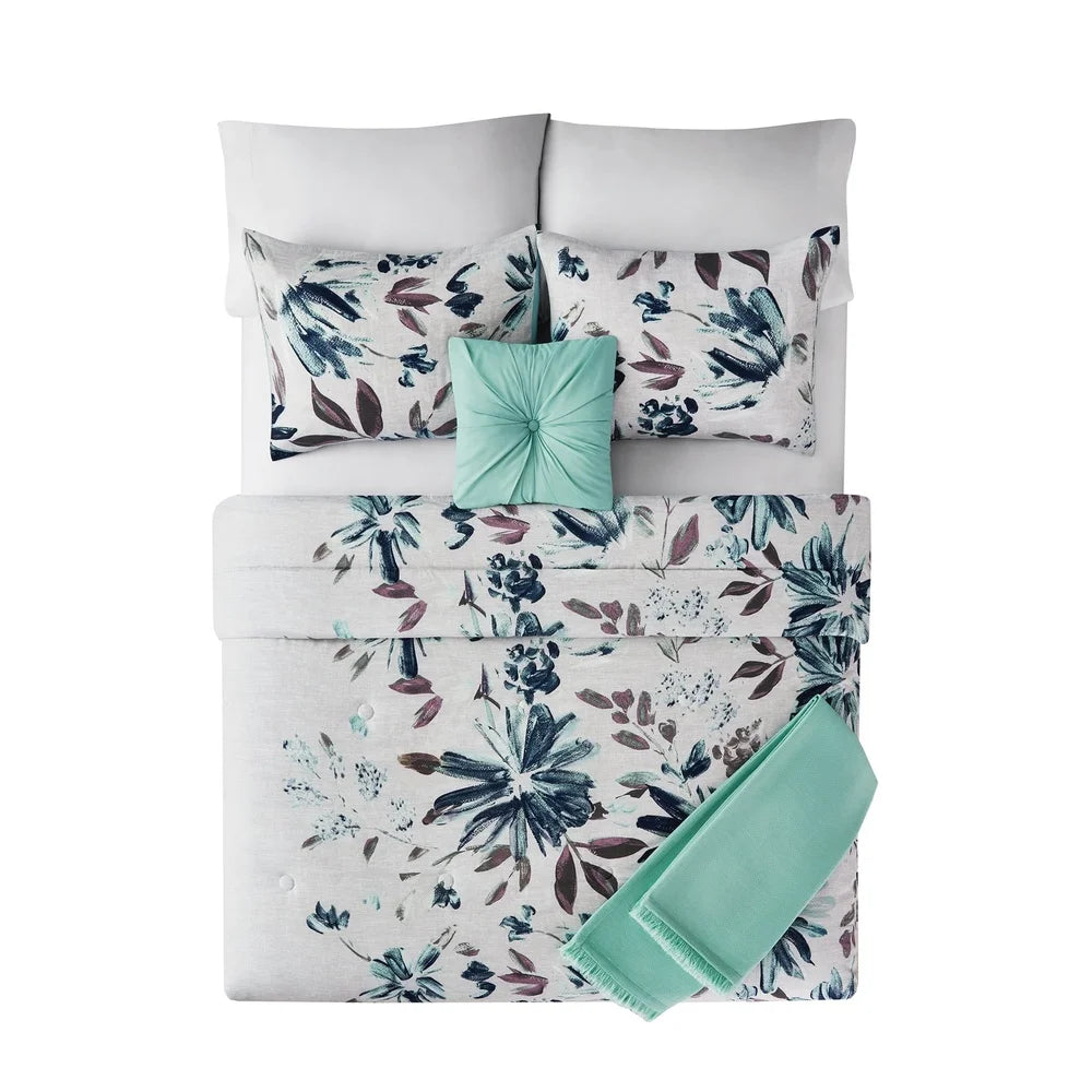 Blue Floral 5 Piece Comforter Set Full Queen Bedding