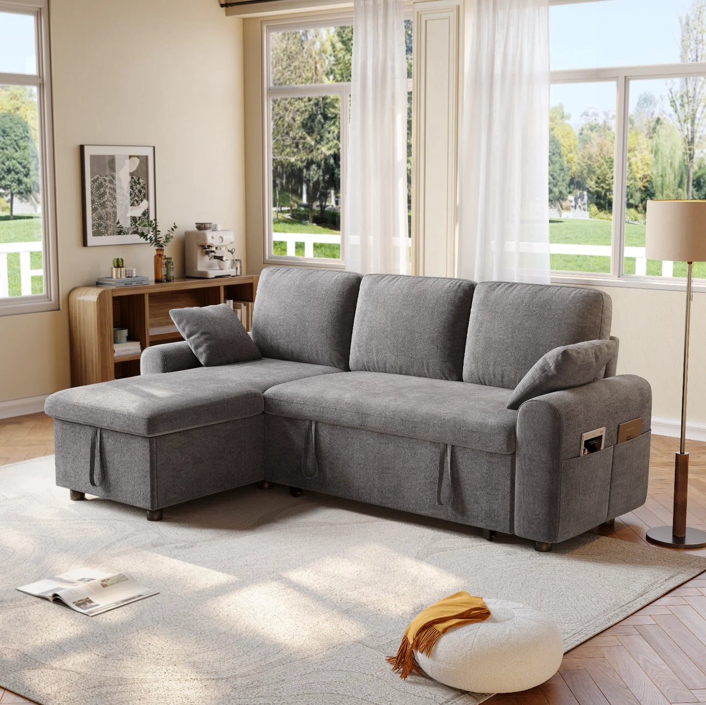 L Shaped Sleeper Sofa 85 Inch Pullout Bed Storage Chaise