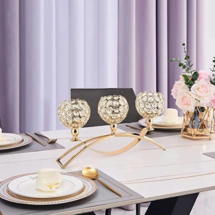 Gold 3 Arm Tealight Candelabra Stand For Table Centerpiece