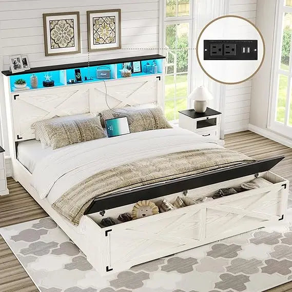 Dictac Farmhouse Bed Frame With Headboard USB Charging