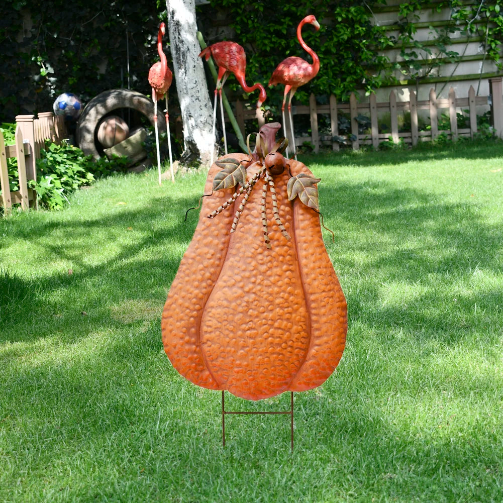 Two Part 30 Inch Metal Pumpkin Yard Stakes Set Outdoor Decor