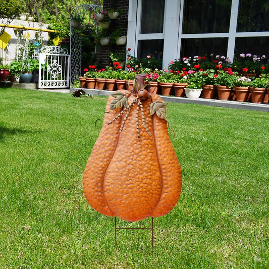 Two Part 30 Inch Metal Pumpkin Yard Stakes Set Outdoor Decor