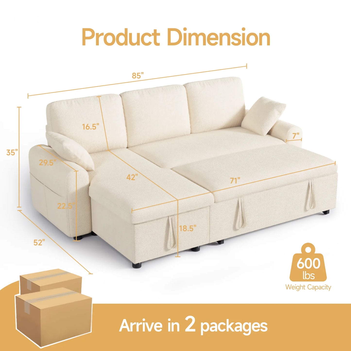 L Shaped Sleeper Sofa 85 Inch Pullout Bed Storage Chaise