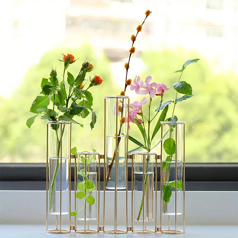 Gold Test Tube Vase Set With 5 Tubes And Stand Centerpiece