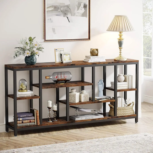 Console Sofa Table 70.9 Inch Long 3 Tier Industrial Brown