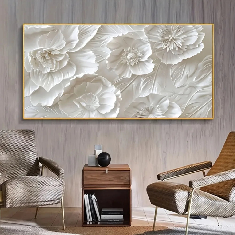 Frameless Modern Wall Art White Flowers Canvas Poster Decor