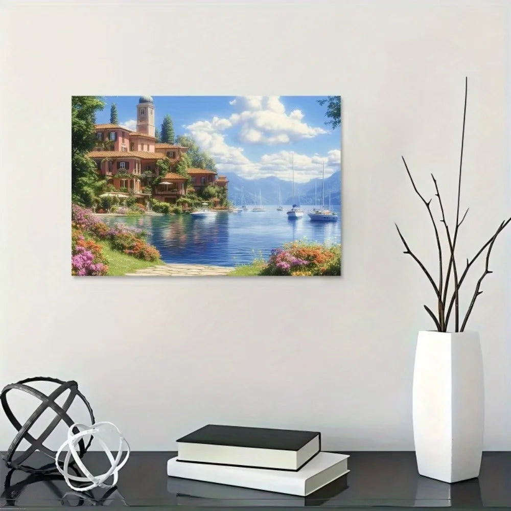 Chunky Wood Pine Frame Seascape Mural Canvas Sailboat Decor