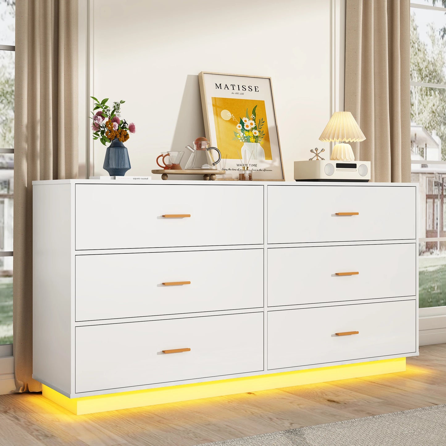6 Drawer Dresser With Power Outlet LED Lights For Bedroom