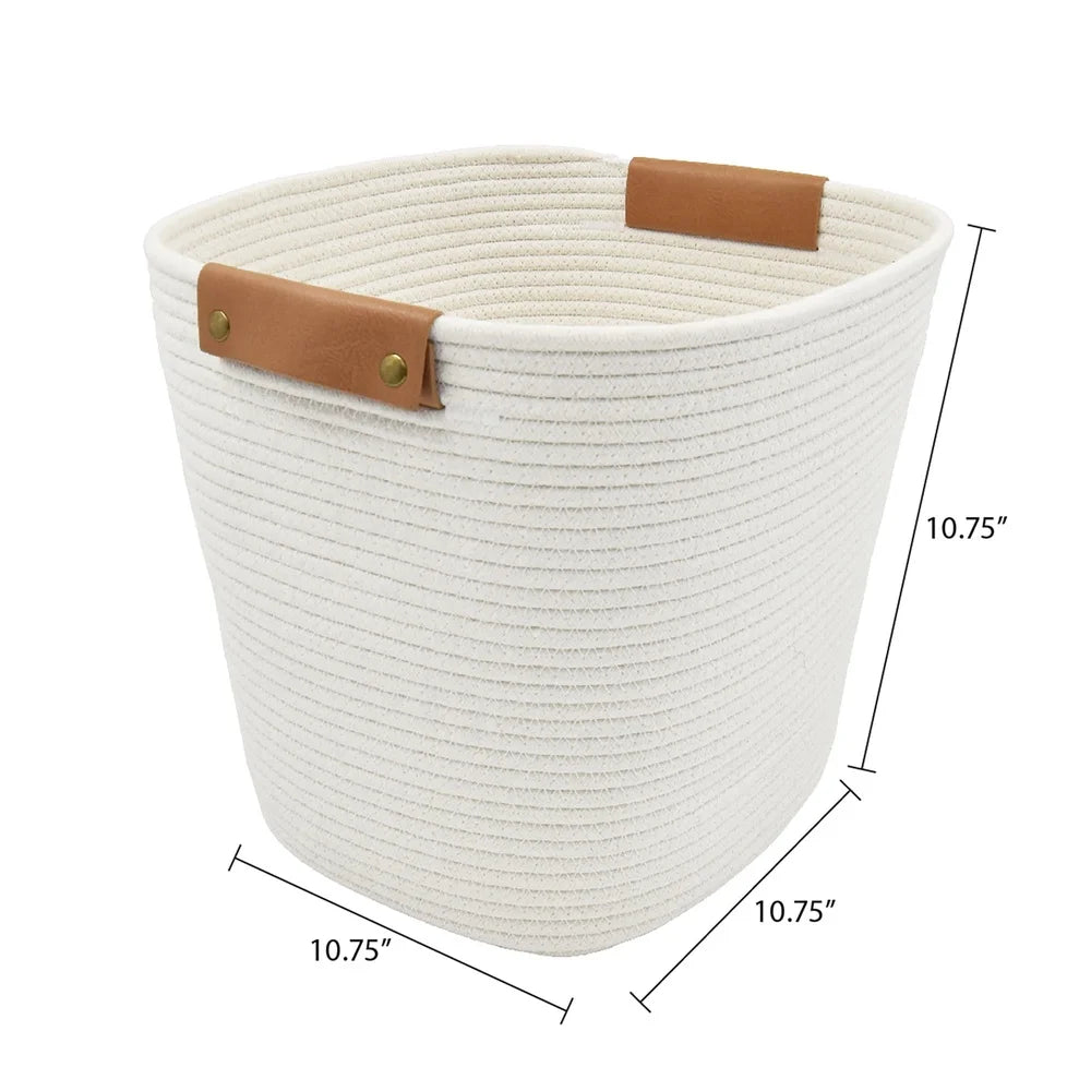Medium Cotton Rope Storage Basket With Faux Leather Handles