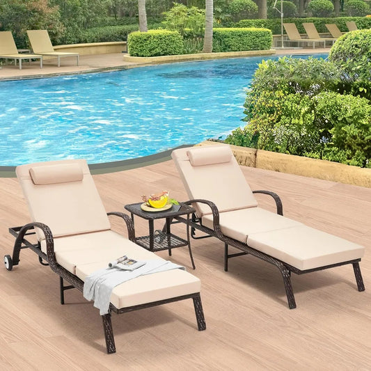Wicker Chaise Lounge Chairs Set Of 2 With Side Table Wheels
