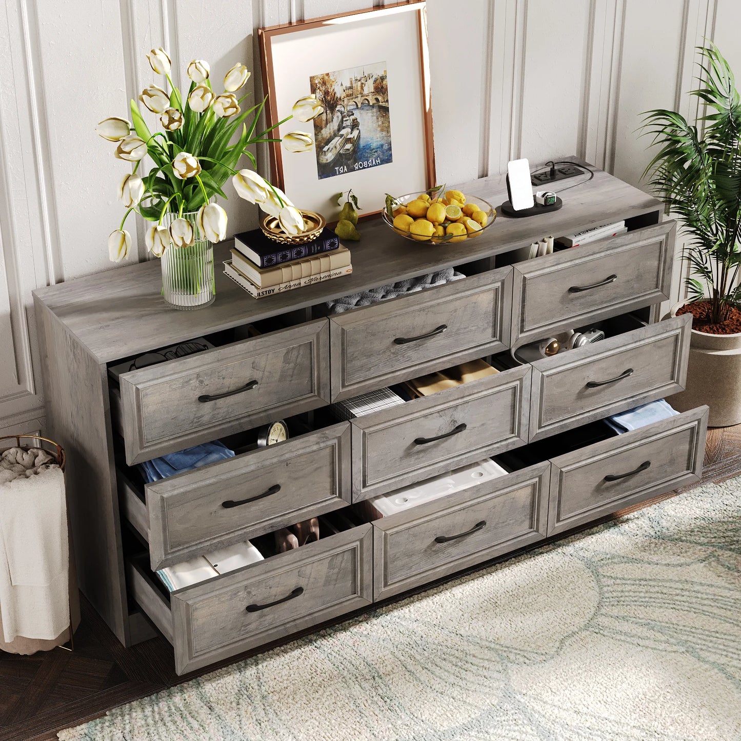 Vabches Wood Dresser For Bedroom 9 Drawers Power Outlet
