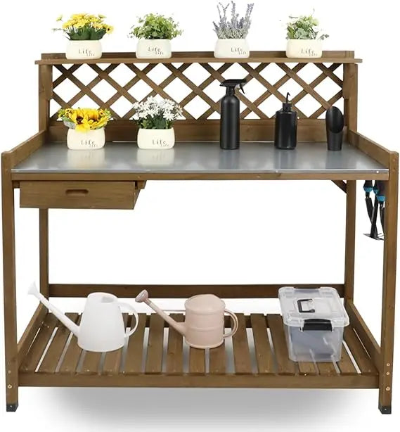Outdoor Wooden Potting Bench with Metal Top and Storage Solutions