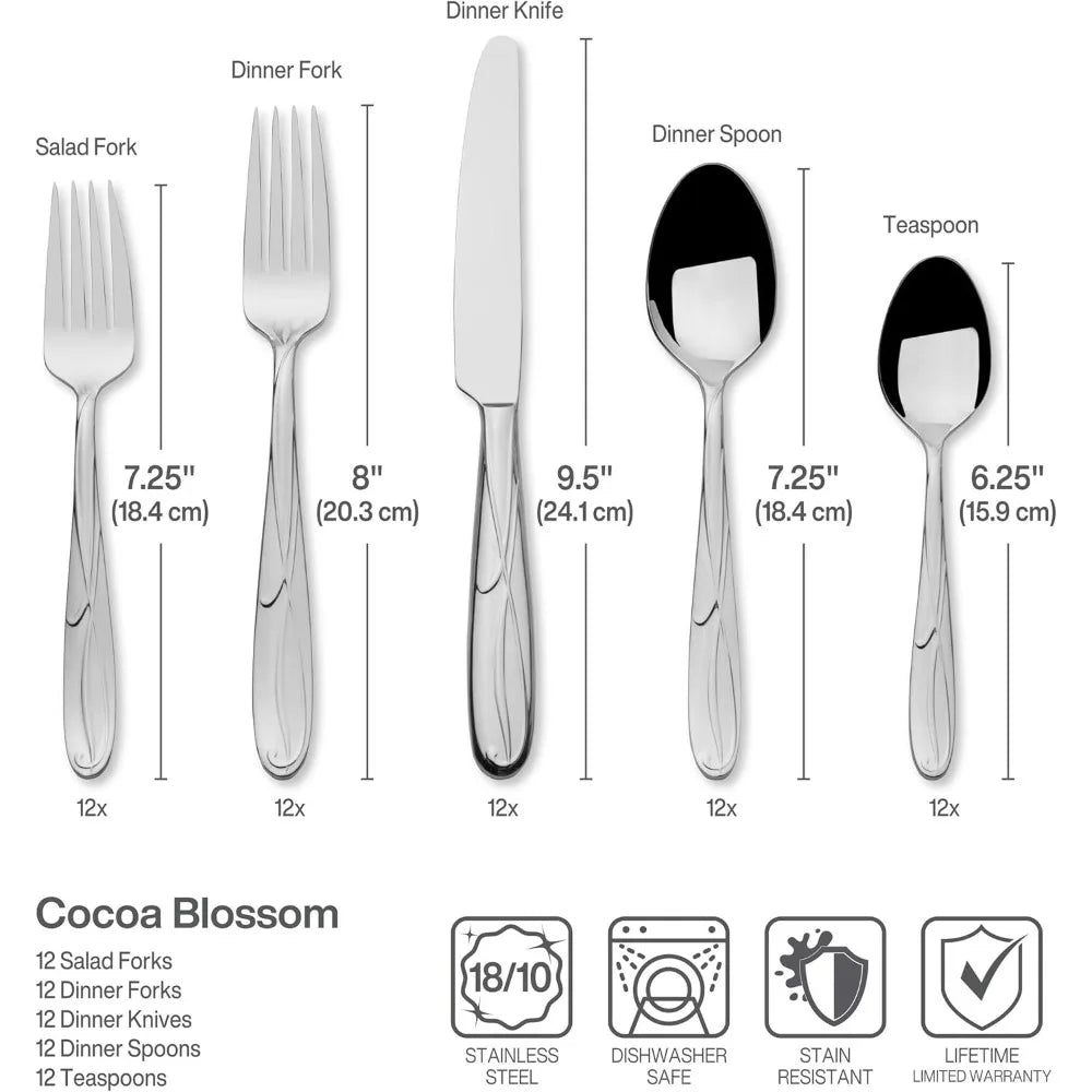 Cocoa Blossom 65 Piece Flatware Set for 12 18 10 Stainless