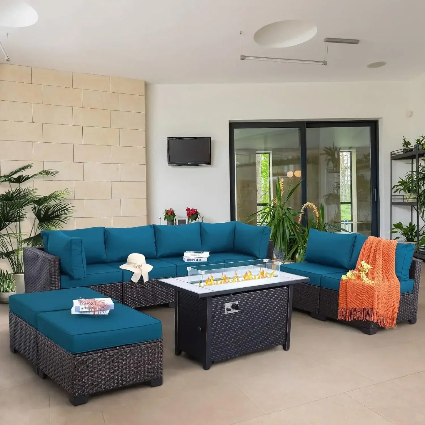 9 Piece Wicker Patio Set With Peacock Cushions And Storage
