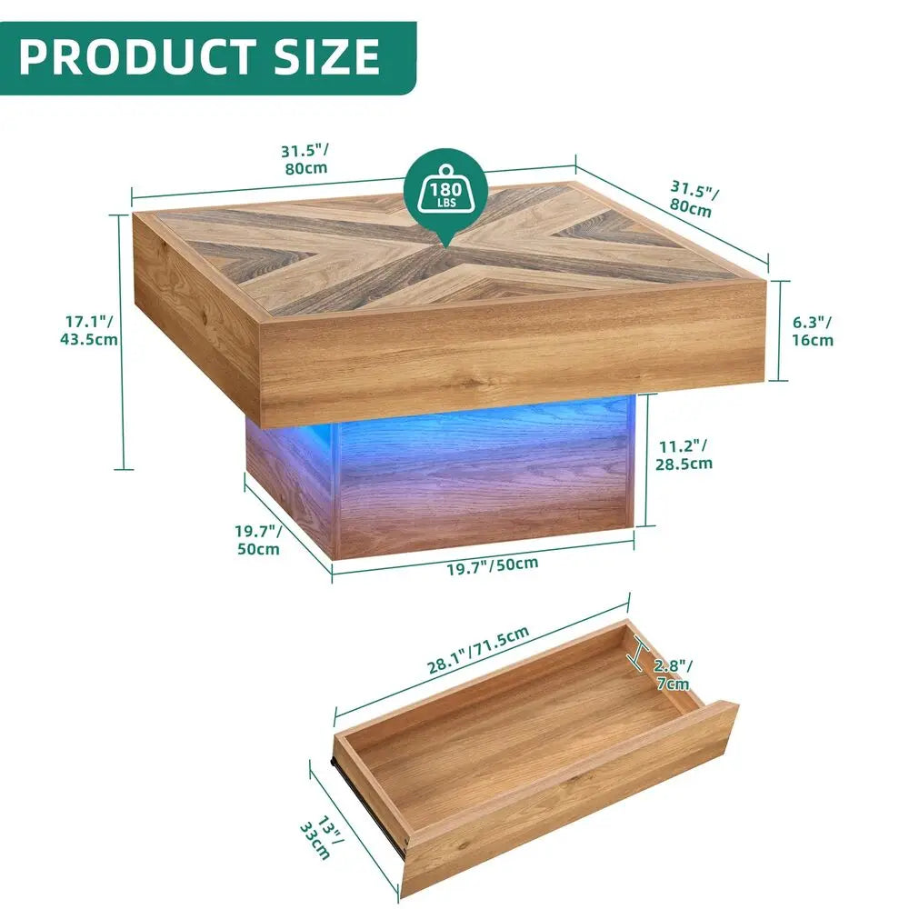 Square LED Coffee Table With 2 Drawers Modern Living Room