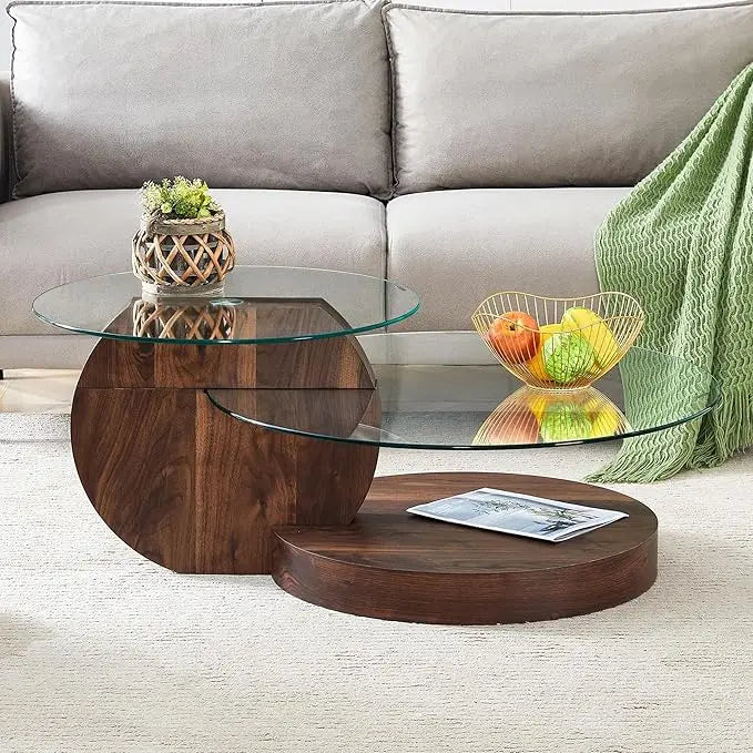 Round Glass Coffee Table Wooden Base Mid Century Modern