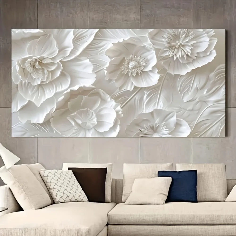 Frameless Modern Wall Art White Flowers Canvas Poster Decor
